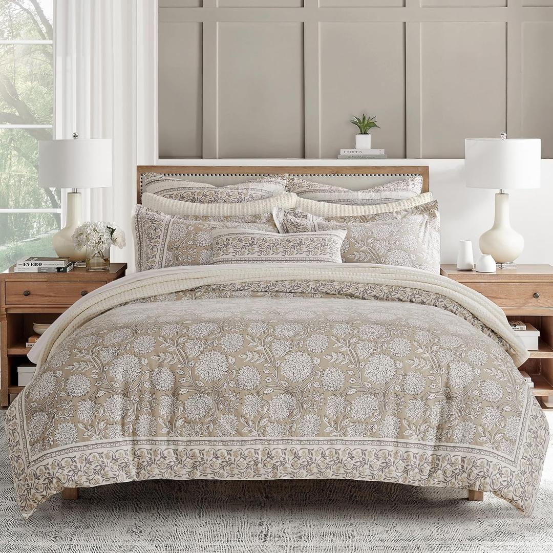 Levtex Home Adare Taupe Reversible King/Cal King Comforter Set (106x94in) with 2 Pillowcases (36x20in) - Floral Bedding - Taupe White - 100% Cotton King Size Comforter Set - Soft, Pre-Washed