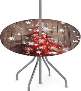 YGPARK Outdoor Fitted Round Table Cloth with Umbrella Hole, Xmas Tree Wooden Circle Elastic Tablecloth 36"-44" Waterproof Zipper Patio Table Cover for Picnic Camping Party Christmas Decoration