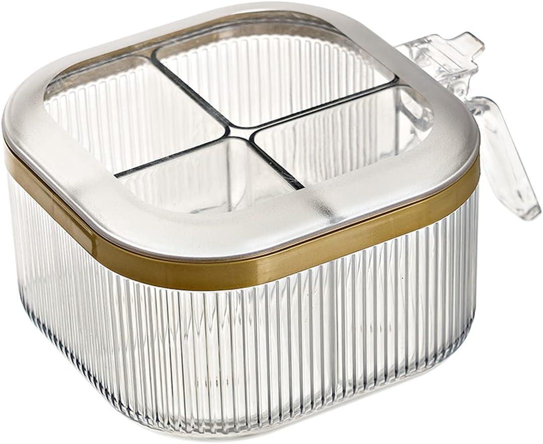NAN Wind 4 Compartments Seasoning Box With Lid,Clear Seasoning Storage Box Container,Seasoning Box with Cover and Serving Spoons,Kitchen Condiment Jars,Plastic Seasoning Box Set(White)