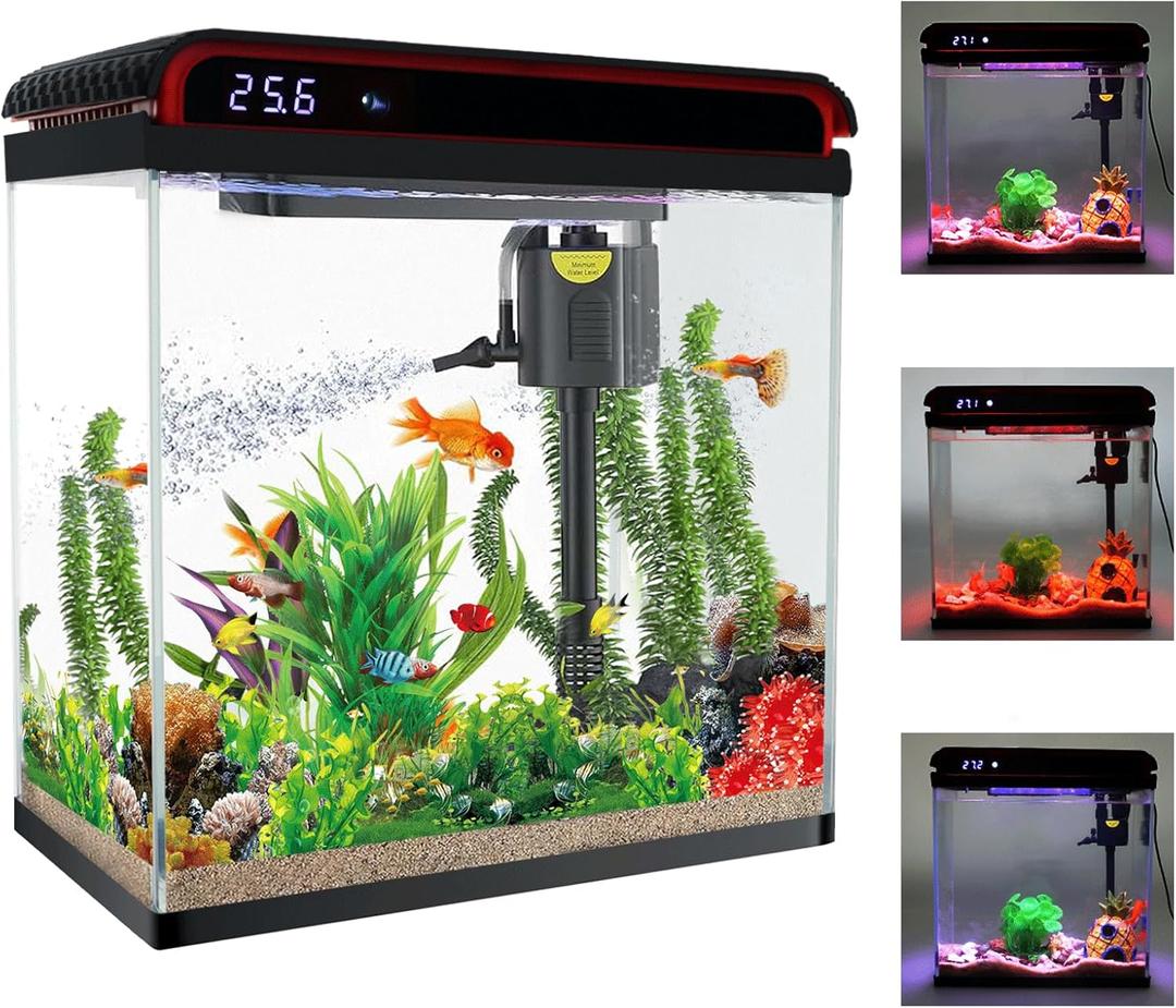 Betta Fish Tank, 5 Gallon Glass Aquarium, Small Fish Tank with Filter and 3 LED Plant Lights and Water Temperature Detection System, Betta Shrimp Guppy Jellyfish Starter kit self Cleaning Fish Tank (5 Gallon Fish Tank, Black)