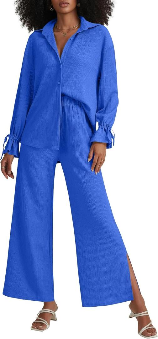 LYANER Women's 2 Piece Outfits Button Down Long Sleeve Shirt and Wide Leg Pants Set (XX-Large, Pure Royal Blue)