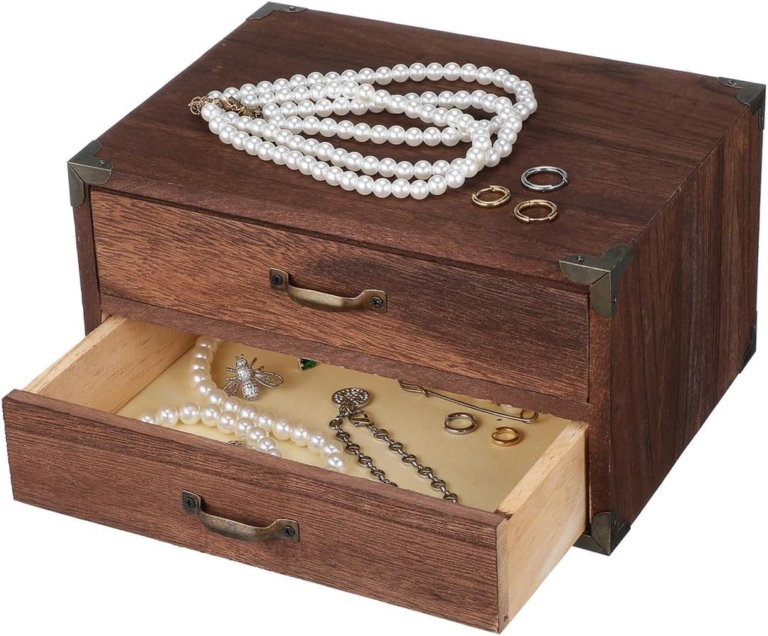 Kichvoe Vintage Wooden Drawer Storage Box with 2 Drawers Compact Desktop Organizer Cabinet for Office Supplies Jewelry Makeup and Home Desk 9.44X7.08X5.11 Inches (24.00X18.00X13.00CM)