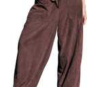 TARSE Womens Corduroy Pants Baggy Wide Leg Pants Casual Elastic Waisted Palazzo Harem Pants with Pockets (X-Large, Dark Coffee)