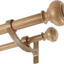 Wood Double Curtain Rods 66-120 Inch(5.5-10ft), Heavy Duty Drapery Rod with Aluminum Alloy Brackets, Adjustable 1-Inch Front and 5/8 Inch Back Double Window Rod with Imitation Wood Grain Finials