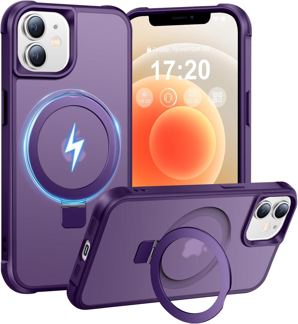Magnetic Ring Stand Case for iPhone 12/12 Pro - 120° rotatable Stand, N52 Magnet, Non-Slip, Easy to Clean, Shockproof, Matt Transparent Back, Military Standard Drop Protection (Violet)