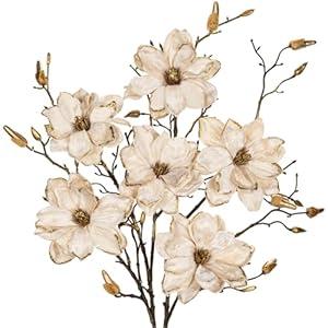 3 Pcs Christmas Magnolia Flowers 30 Inch Velvet Magnolia Flowers with Golden Buds Artificial Glitter Poinsettia Flower Picks for Christmas Tree Garland Wreath Wedding Party Holiday - Champagne