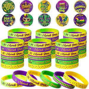 60 Pcs Mardi Gras Party Favors Includes 30 Mardi Gras Rubber Bracelets Silicone Wristbands and 30 Button Pins Badges for Carnival Birthday Party Supplies Decorations Goodie Bag Stuffers Fillers