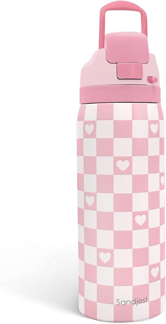 Checkered Heart Insulated Stainless Steel Water Bottle with Straw for Sports and Travel, 32oz, Gifts for Women Girls Friends Teens Birthday Christmas