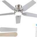 42 Inch Ceiling Fans with Lights and Remote, Brushed Nickel Flush Mount Low Profile Ceiling Fan for Bedroom, Living Room, Patio, Dimmable 6 Speeds Noiseless Reversible, ETL Listed