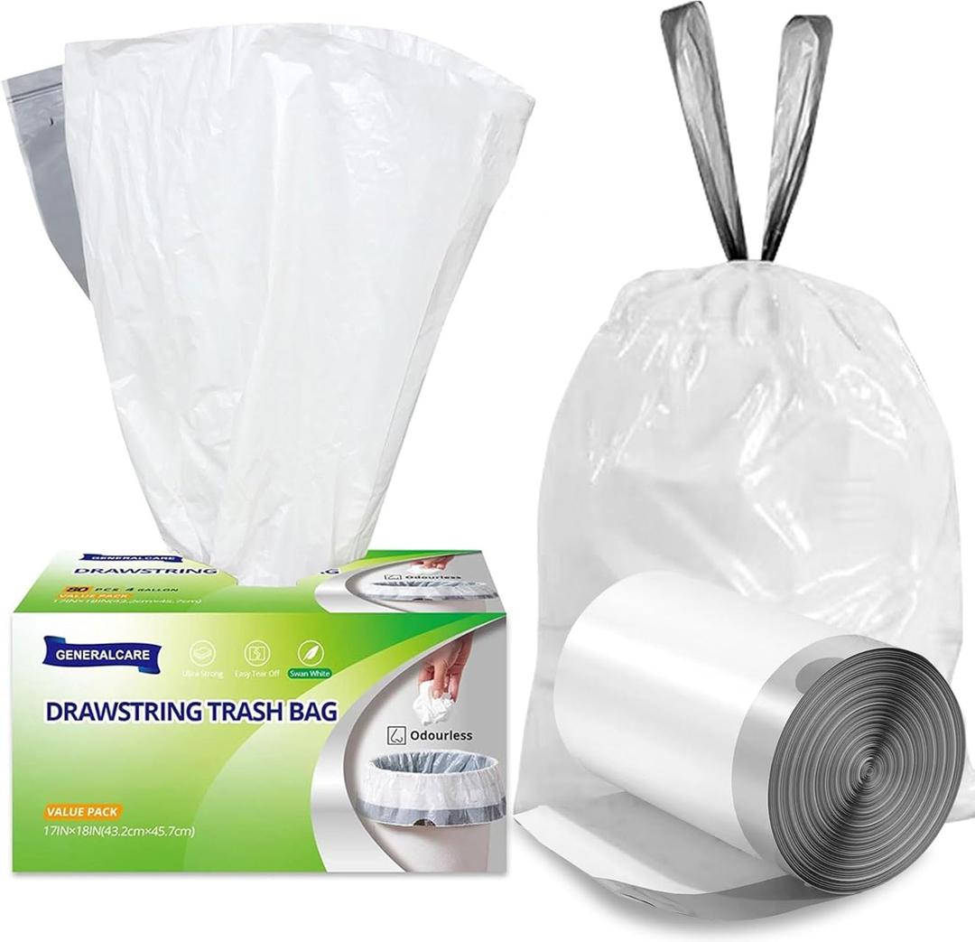 4 Gallon Drawstring Trash Bags, 80 Count - Small White Garbage Bags, Extra Strong & Thick, Tear & Leak Proof for Bathroom, Office, Bedroom, Kitchen Desk Bins​(4 Gallon, 80 PCS), Pack of 2
