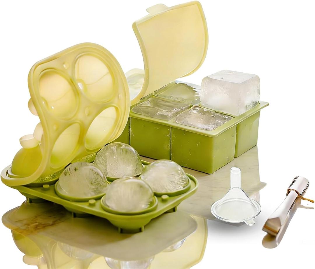 Large Square Ice Molds with Sealed Lid & Clamp, Silicone Ice Cube Trays (Set of 2) - 6pcs Big Square & 6 pcs Ball Ice Maker for Whiskey, Cocktails and Coffee, Keep Drinks Chilled, BPA-Free (Green)