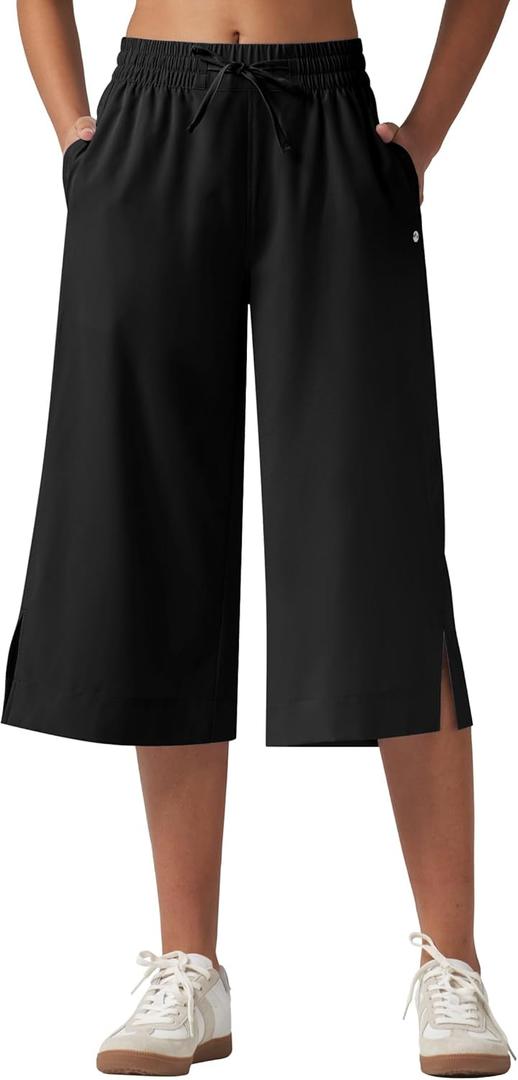 Willit Women's Wide Leg Capris Pants Lightweight Travel Pants Quick Dry Summer Walking Athletic UPF50+ Pockets (X-Large, Black)
