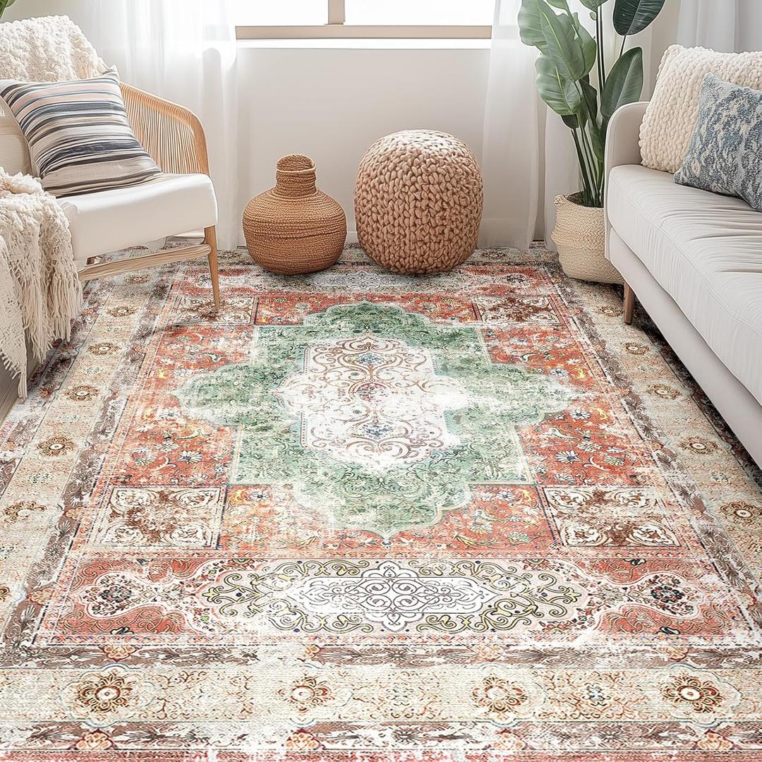 BESTSWEETIE 6x9 Area Rugs Machine Washable No Pile Non Slip Vintage Rugs for Living Room & Bedroom & Dinning Room Bohemian Distressed Carpet Indoor, Brick