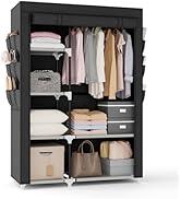 Portable Closet for Hanging Clothes, Portable Wardrobe Closet with Cover, 6  Storage Shelves, 2 Hanging Rods and 6 Side Pockets