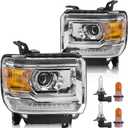 Headlight Assembly with LED DRL Compatible with GMC Sierra 2014-2018 1500 | 2015-2019 2500HD/3500HD Base/Denali/SLE/SLT, Headlamp Replacement with LED DRL, with Bulbs, Chrome Housing Amber Reflector