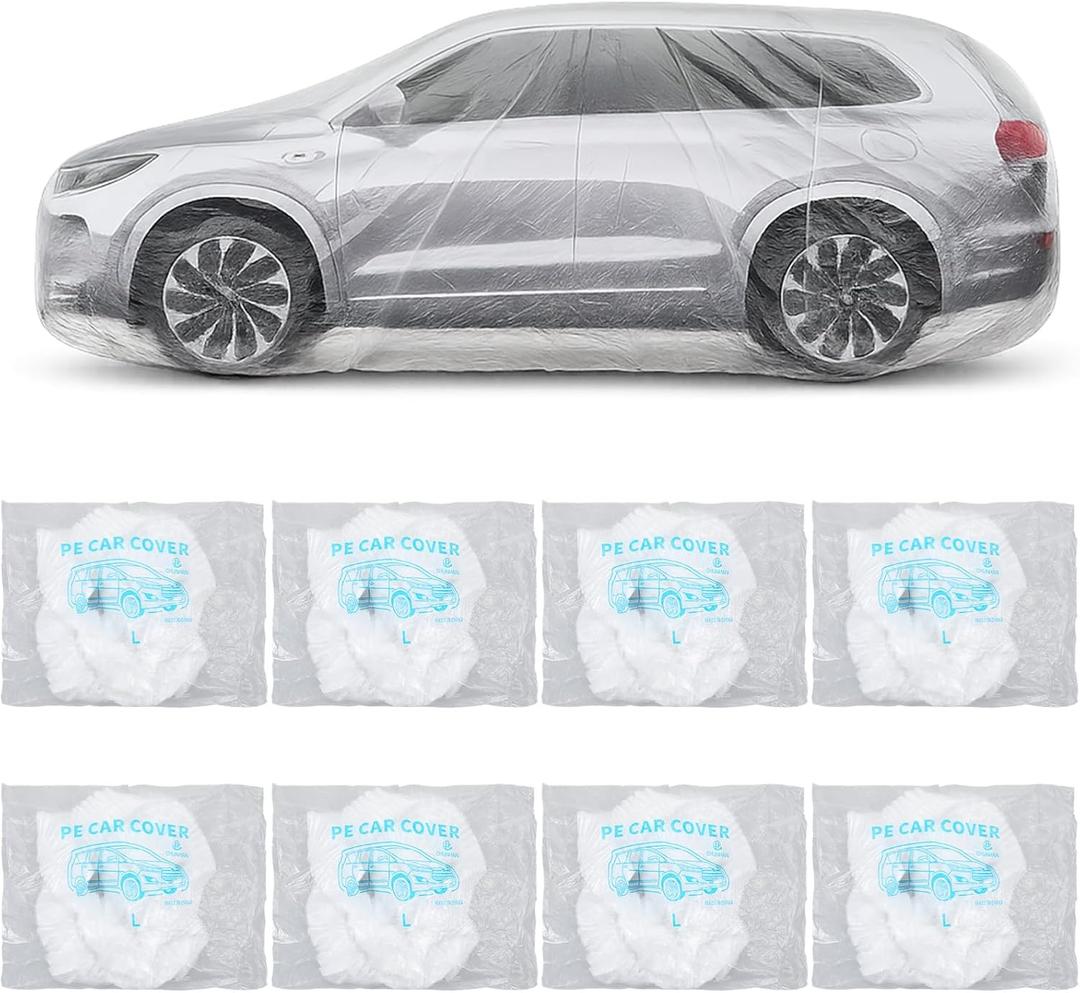 4 Pack Disposable Car Cover Clear Plastic Car Cover, Waterproof Universal Rain Dust Garage Covers with Elastic Band, Cars Covers for Outdoor Snow/Rain Weather Protection (12.4 ft x 21.6 ft)