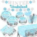 Winter Party Plates and Napkins,Blue Winter Wonderland Decorations Tableware 142pcs Snowflake Napkins and Plates Cups Tablecloth Banner for boy Winter Wonderland Birthday Decorations