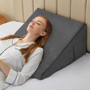 Bedluxe Wedge Pillow, 10 inch Bed Wedge Pillow for Headboard, Pillow Wedge for Acid Reflux Relief, Sleeping, After Surgery, Snoring, Gerd, Triangle Pillow Wedge - Cooling Memory Foam Top, Plush Grey, 24*24*10 Inch