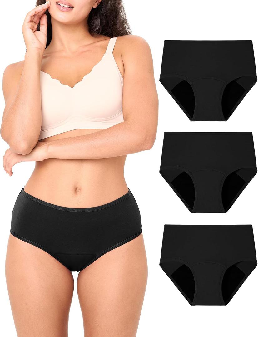 BAMBOO COOL Womens Period Underwear High Waisted Leakproof Postpartum Maternity Panties Soft Breathable Absorbent,3 Pack (Black, XXL)