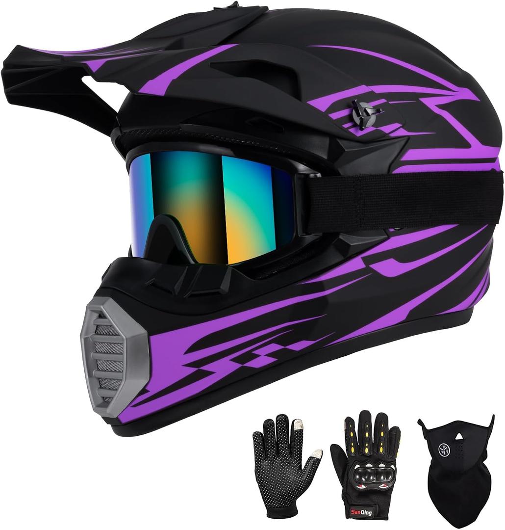 Youth Kids Motocross Helmet DOT Approved, Adult ATV Dirt Bike Off-Road Full Face Motorcycle Helmet with Goggles Gloves Mask for Boys Girls,Lightweight Breathable for Riding (Purple, Medium)