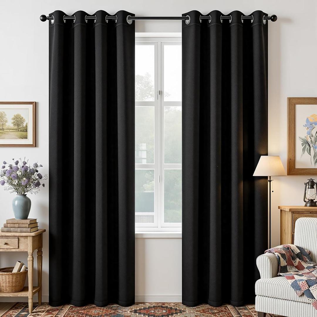 Joydeco Blackout Curtains 90 Inches Long, Black Curtains 2 Panels Set Thermal Insulated Drapes, Room Darkening Grommet Drapes for Living Room Bedroom Window (W52 x L90 Inch, Black)
