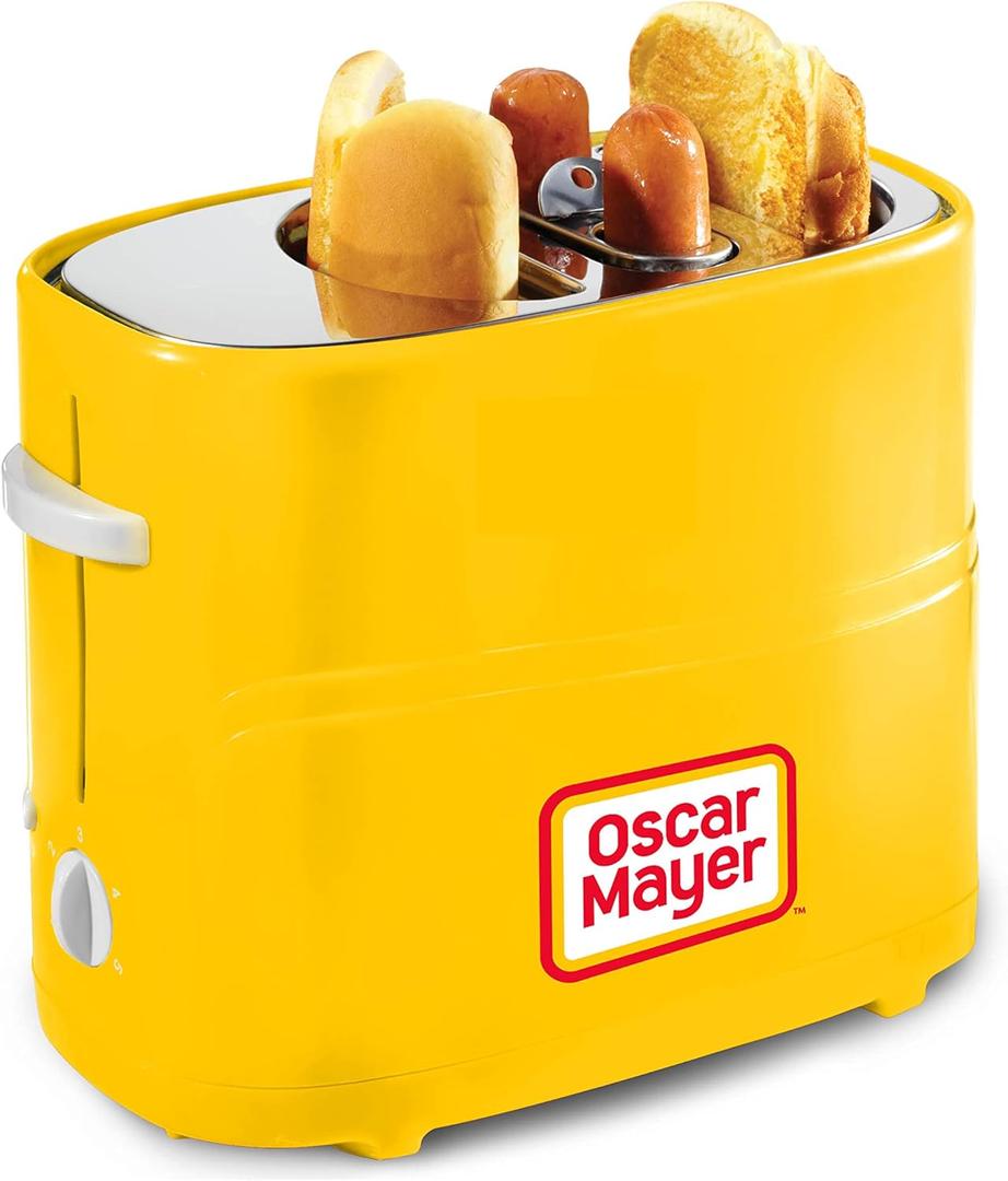 Oscar Mayer 2 Slot Hot Dog and Bun Toaster with Mini Tongs, Hot Dog Toaster Works with Chicken, Turkey, Veggie Links, Sausages and Brats, Yellow