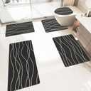 Schweek Bath Mat Rug Sets, Non Slip Rubber Bathroom Rugs Sets 5 Pieces, Super Absorbent Quick Dry Bath Mats Fit Under Door Thin Bathroom Mat U Shape Toilet Mats Set for Bathroom Bathtub Sink (White Stripe)