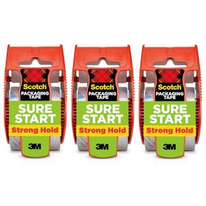 Scotch Sure Start Packing Tape, Clear, Quiet Unwind and Easy Start, Moving Supplies, 1.88 in. x 22.2 yd., 3 Tape Rolls with Dispensers