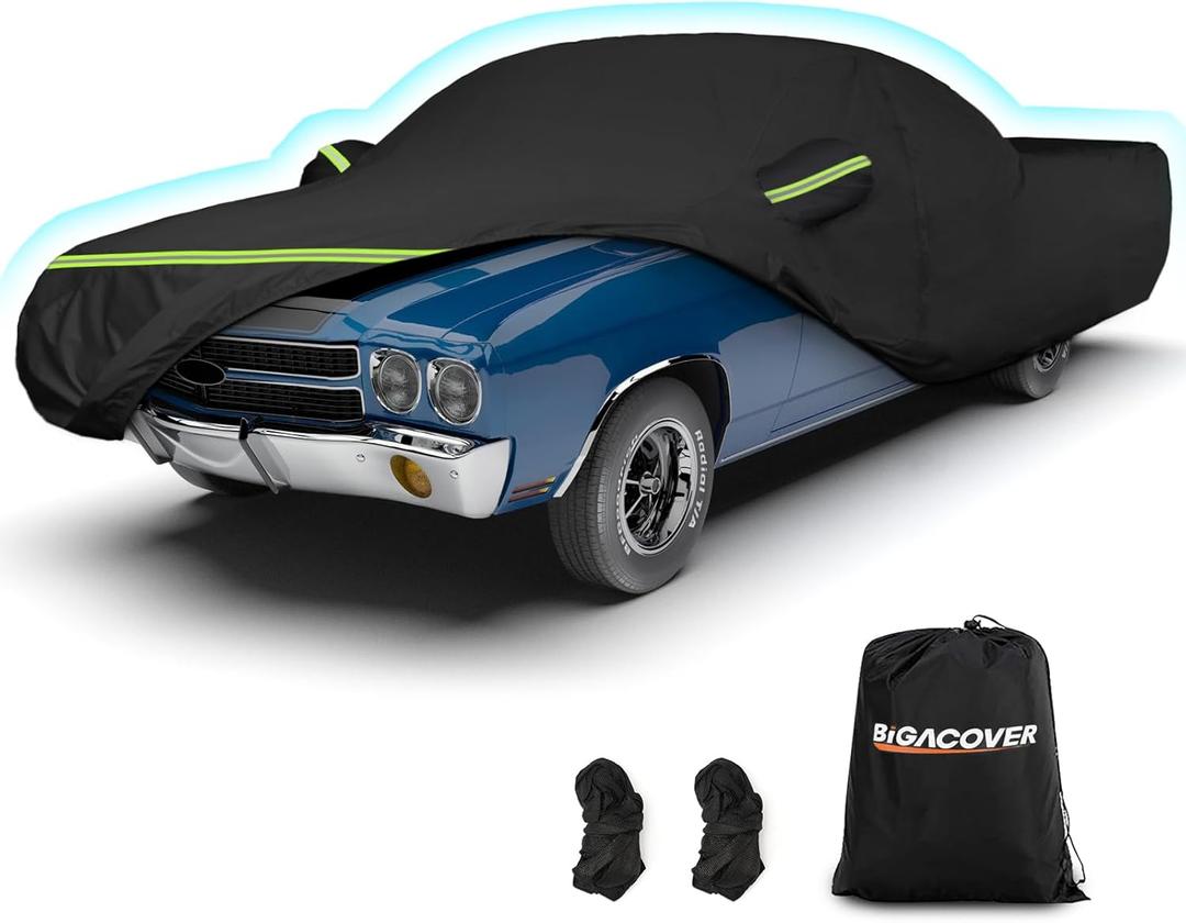 Waterproof Car Covers for Chevrolet El Camino 1964-1967,1978-1987, 420D Oxford Cloth Sun Heat Protection Outdoor Full Covers with Driver Side Zipper Windproof Heavy Duty Weather (Black)