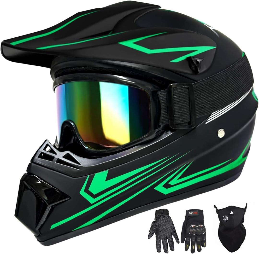Youth Kids Motocross Helmet, Adult ATV Dirt Bike Helmet with Goggles Gloves & Mask Quick, Full Face Motorcycle Helmet with Quick Release Buckle DOT Certified (Medium, Green)