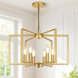 6 Light Gold Chandelier, Dining Room Light Fixture, Modern Farmhouse Industrial Metal Geometric Ceiling Light Rustic Hanging Pendant Lights with E12 base for Kitchen Island Entryway Foyer, Indoor