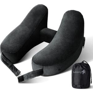 Sunany Travel Neck Pillow for Airplane Pillow Comfortably Supports Head, Neck and Chin, Inflatable Travel Pillow with Soft Velour Cover and Portable Drawstring Bag (Black, H-Shape)