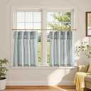 jinchan Striped Linen Kitchen Curtains with Attached Valance 24 Inch Length Cafe Tier Curtains for Living Room Rustic Half Window Light Filtering Rod Pocket Small Drapes 2 Panels Blue