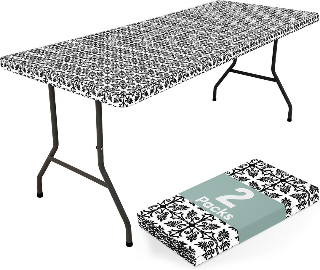 misaya 2 Pack 6 Foot Rectangle Picnic Tablecloth, Elastic Fitted Waterproof Table Cover, Windproof Washable Polyester Table Cloth for Camping, Indoor and Outdoor (Black, 30" x 72")