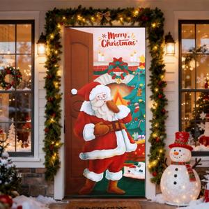 GWHOLE Christmas Door Cover 36 x 80 Inch Christmas Door Decorations Cute Santa Claus Front Door Covers Decorative for Home Holiday Party Indoor Outdoor Xmas Decor