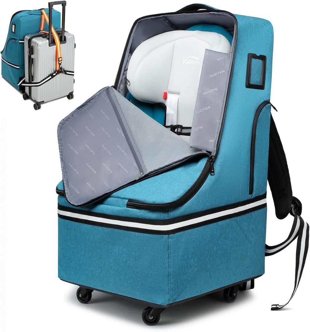 RUCYEN Rolling Car Seat Travel Bag, Padded Carseat Travel Backpack for Airplane,Large Durable Carseat Travel Bag with 4 Wheels,Adjustable Shoulder Strap and Waterproof Base Blue