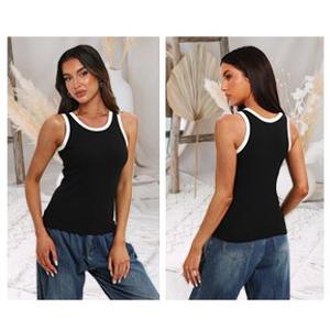 Darong Women's Summer Sleeveless Tank Top Striped Form Fitting Crew Neck Ribbed Knit Basic Cami Shirts (Black White), S