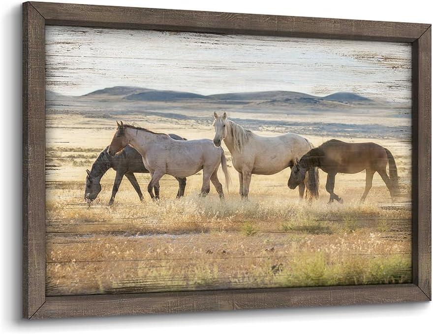 Wild Horses Wall Art Framed: Wildlife Animals Pictures Horse Artwork Painted Wood Painting for Bedroom(12x16)