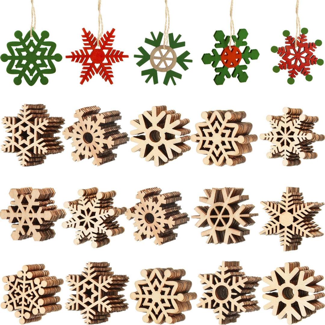 100 Pcs Christmas Unfinished Wooden Snowflake Ornaments Snowflake Hanging Cutouts Blank Wood Slices with Cord Craft Embellishments for Xmas Tree Decorations (2 in, Natural)