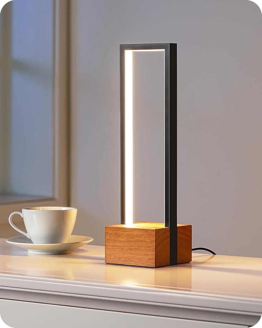 EDISHINE LED Table Lamp, Wooden Bedside Lamp with 3 Color Temperatures, Dimmable Square Nightstand Lamp for Bedroom Living Room, Complete Dark Rose Wood Color Base (Black frame & Rosewood Color Solid Wood Base)