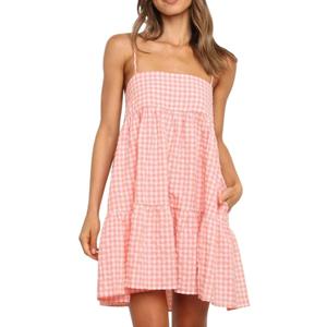 Wenrine Womens Summer Plaid Mini Dress Casual Spaghetti Strap Sleeveless A Line Beach Sundress with Pockets (Pink), Medium
