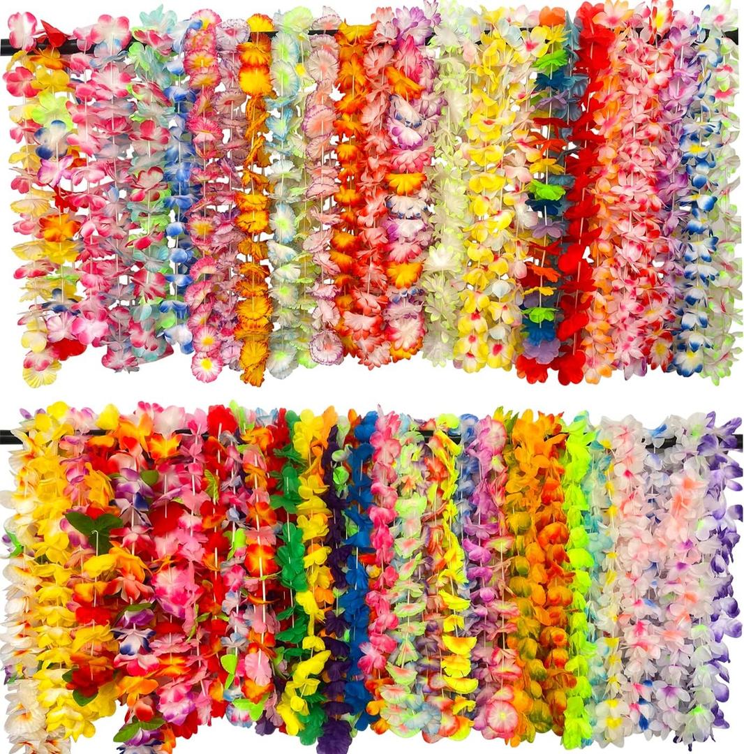 100 Counts Hawaiian Leis Flower for Luau Theme Party Decorations - Bulk Set of Silk Flower Necklace Leis Tropical Theme Party Favors Birthday Decorations Assortment