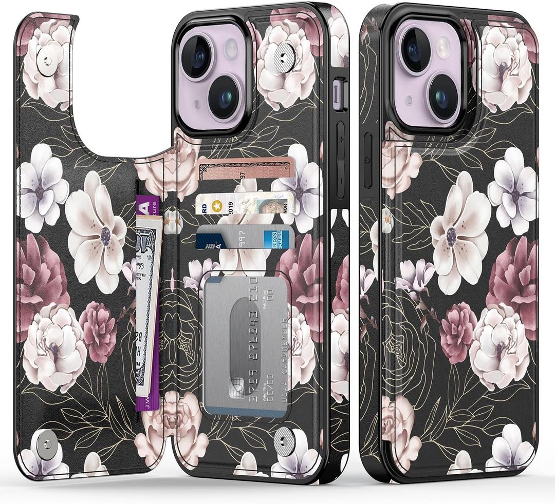 Goodon for iPhone 14 Plus Case Wallet - Flip Folio Leather Cover with Trendy Floral Design, 4 Card Slots & Kickstand Function, Stylish Protective Phone Case for Women and Girls - Pink White Flowers