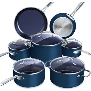 Nuwave Healthy Duralon Blue Ceramic Nonstick 12pc Cookware Set,Diamond Infused Scratch-Resistant,PFAS Free,Dishwasher & Oven Safe,Induction Ready & Evenly Heats, Tempered Glass Lids, Stay-Cool Handles