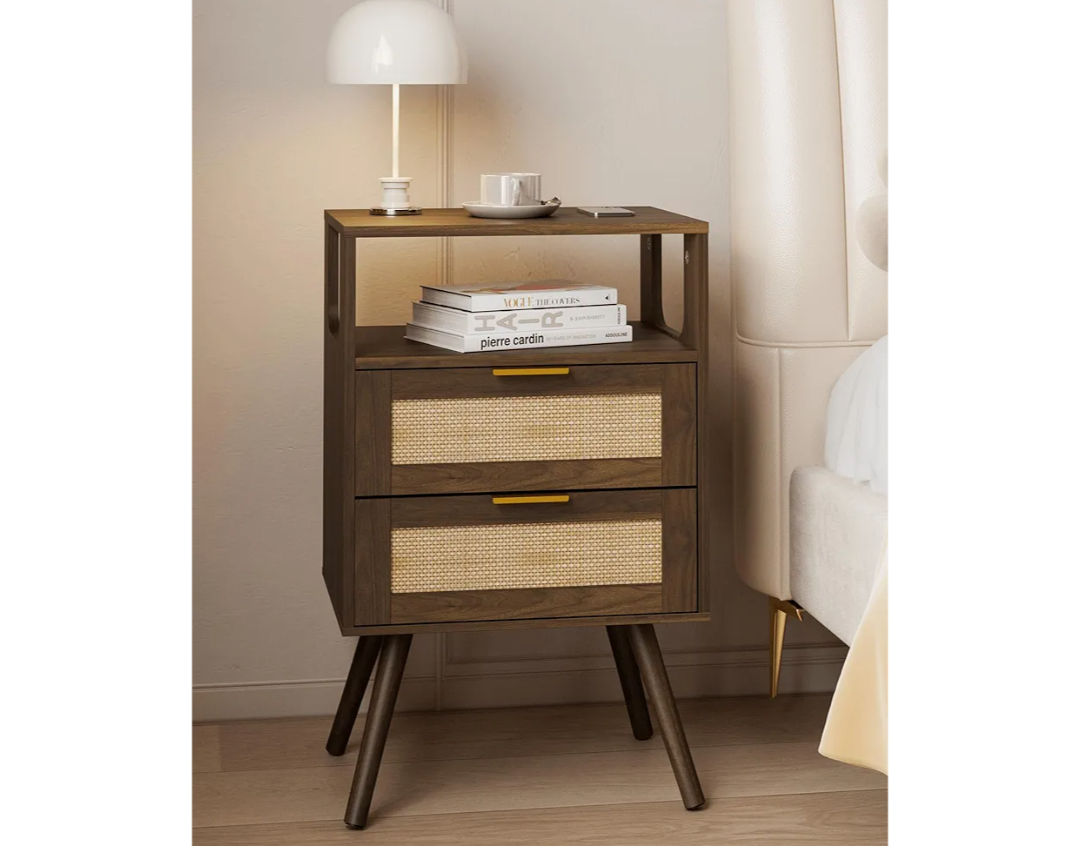 Rattan Nightstand,Farmhouse Bedside Table with 2 Storage Drawer and Open Wood Shelf, for Bedroom and Small Spaces,Night Stand with Solid Wood Legs (Walnut Brown)