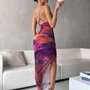 LIGHT DOT Women's Spaghetti Strap Printed Bodycon Ruched Midi Cocktail Dress Sexy Cowl Neck Tie Dye (Purple Orange,M)
