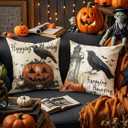 Halloween Throw Pillow Covers Set of 2  18x18 Inch Happying Haunting Quote Crow and Pumpkin Design, Double-Sided Print Decorative Cushion Covers for Couch Sofa Bed, Rustic Gothic Fall Decor