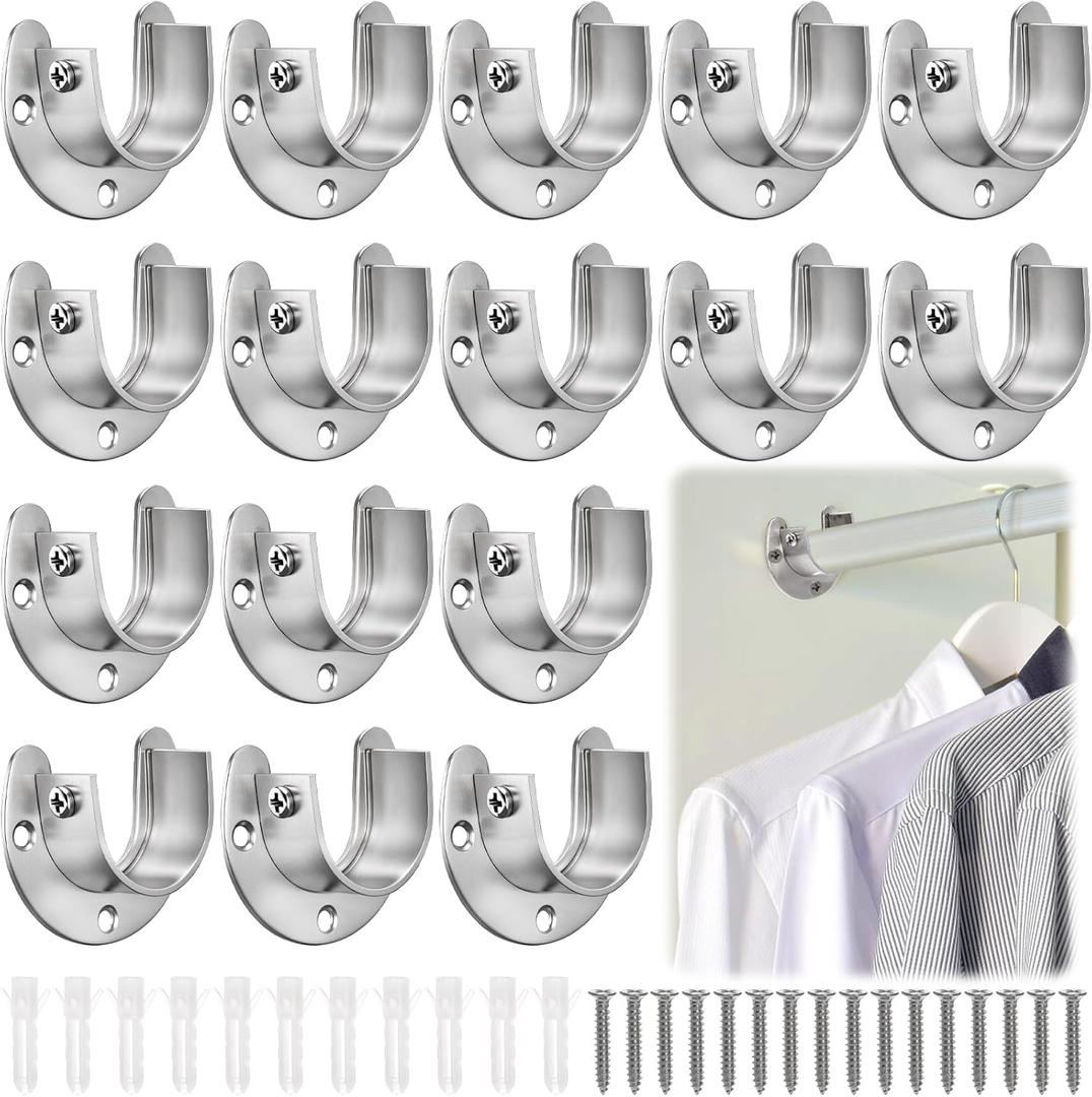 Coloch 16 Pack Stainless Steel Closet Pole Sockets, 1-1/4 Inch Closet Rod Support U-Shaped Curtain Rod Holders Flange Set Rods Holder with Screws