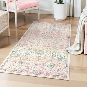 Lahome Flavie Light Pink Boho Rug, 3x5 Machine Washable Area Rugs for Dorm Girls, Soft Floral Small Nursery Pastel Mat, Pink Carpet for Bedroom Kids Room