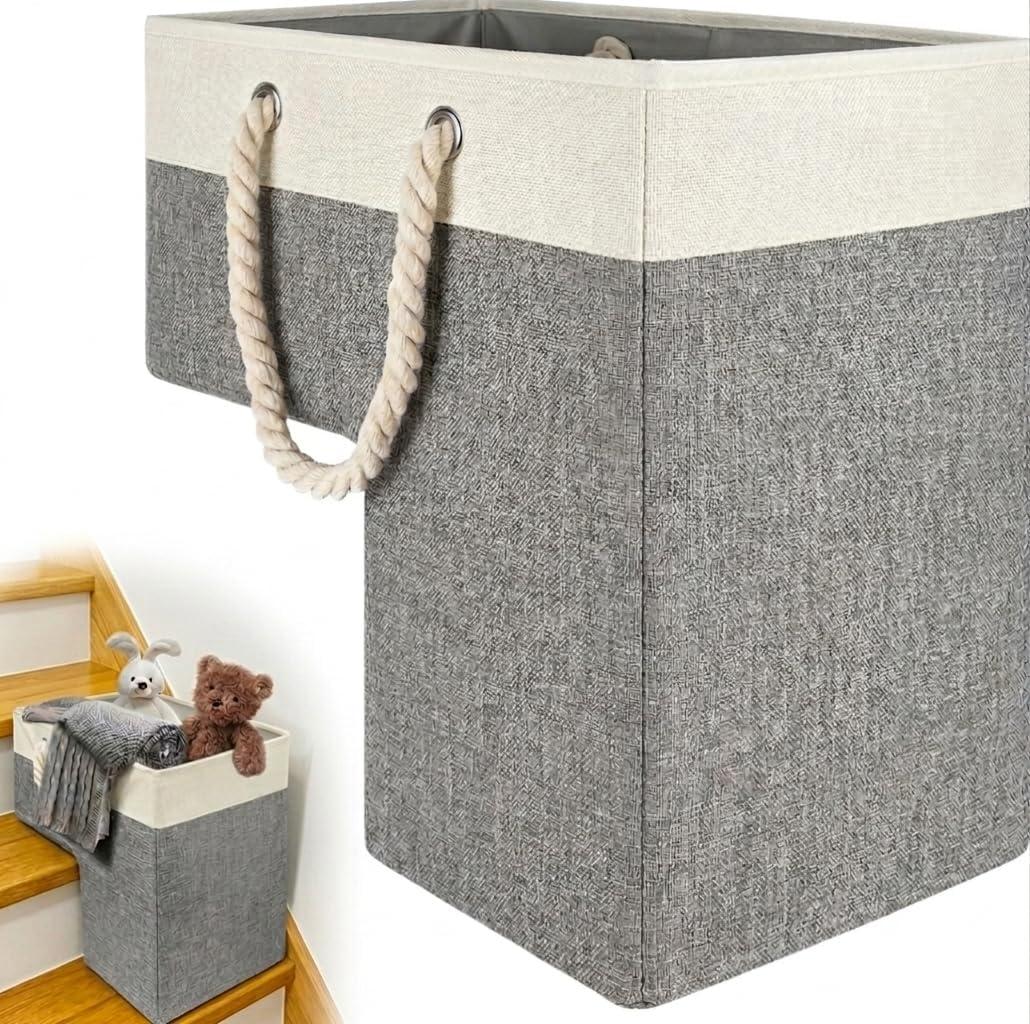 Stair Basket for Carpeted and Wooden Stairs - Foldable Staircase Basket for Stairs with Handle, Step Stairs Storage Basket for Toys, Clothes, Books, Tools, Magazine (Grey, 16" L x 10" W x 16" H) (Gray)